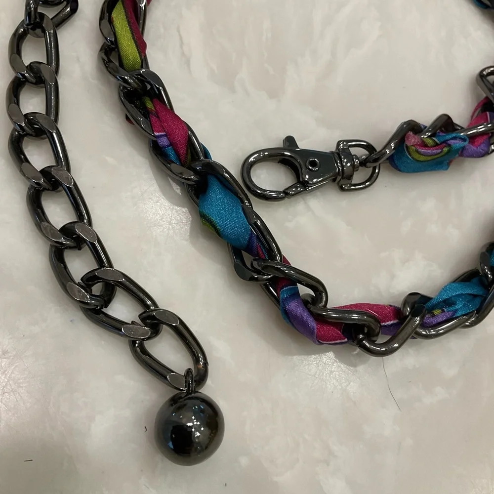 Heavy chain belt with colorful pucci style fabric intertwined, silver, black